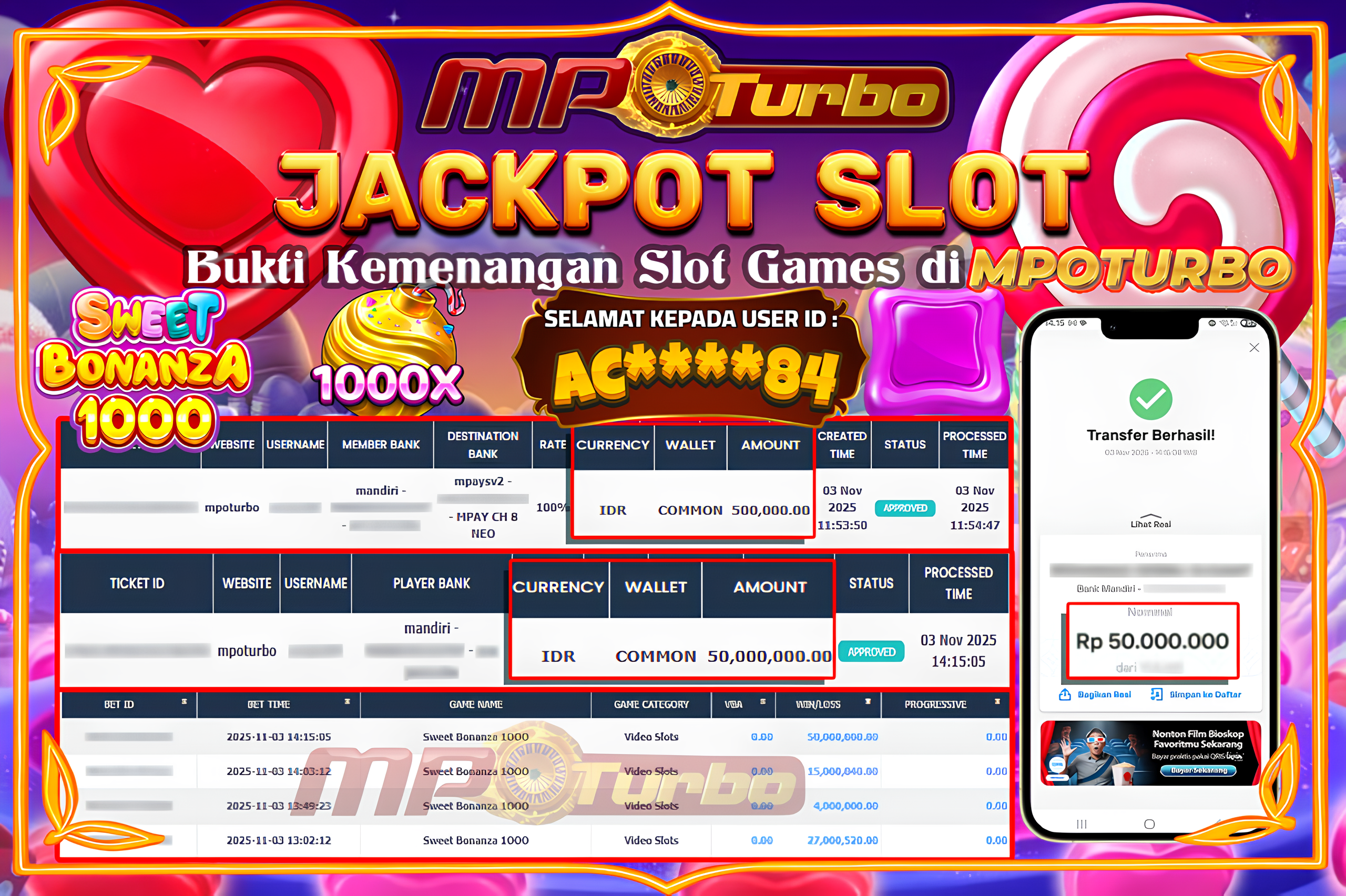 MPOTURBO JACKPOT SWEET BONANZA 1000 - PRAGMATIC PLAY Rp 50,000,000.00,- LUNAS